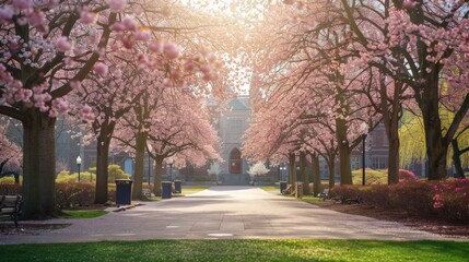 Sunlit Pathway Through Cherry Blossoms.
