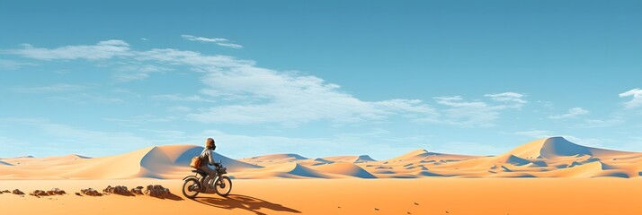 Lone rider on horseback traversing a sandy desert with a clear sky.