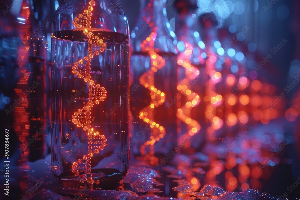 Poster vivid, futuristic scene with glowing bottles and dynamic light trails, reflecting an enigmatic and h