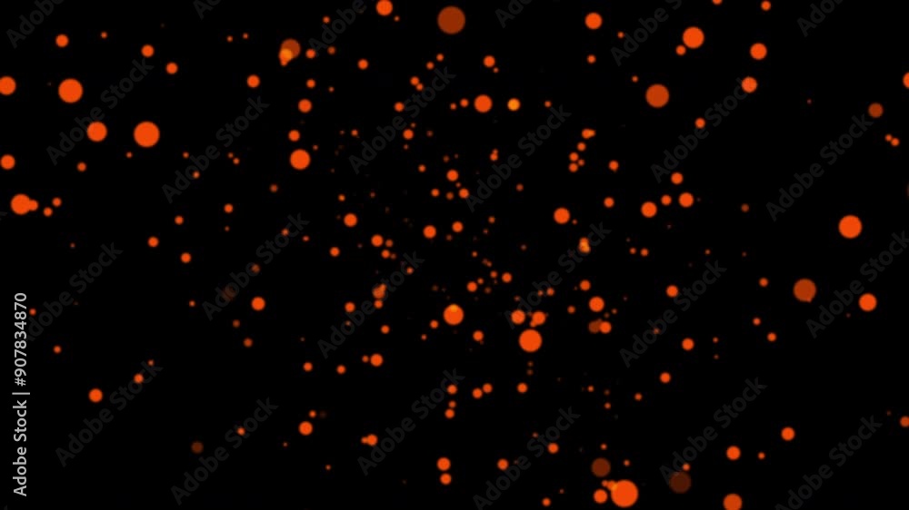 Poster abstract loop animation glow orange bokeh particles flowing on black background. 4k 3d chaotic motio