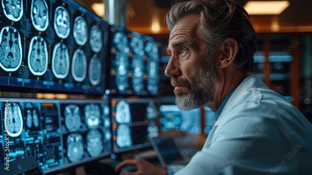 Aufkleber a focused male doctor meticulously analyzing multiple brain scan images on computer screens in a hig