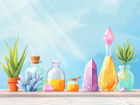 Magical Healing Objects Design an illustration featuring enchanted objects, like crystals and potions, used for mental health healing in a fantasy world