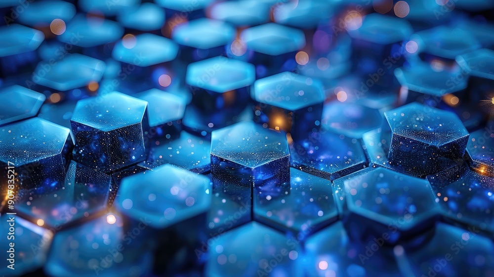 Poster abstract close-up of futuristic blue hexagonal pattern with glowing lights and reflective surfaces, 