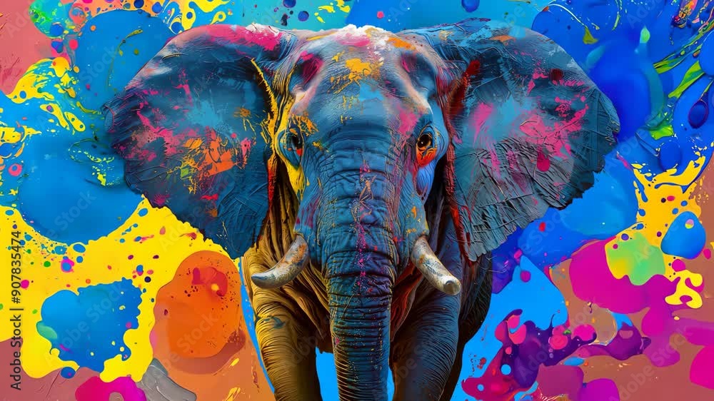 Poster dynamic elephant in motion against colorful abstract backdrop
