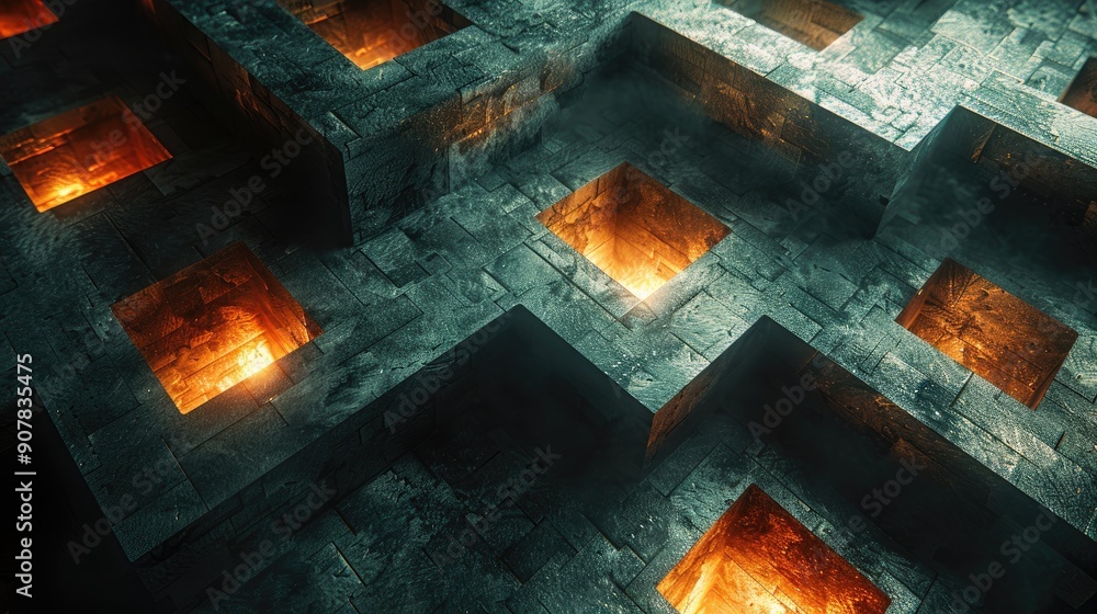 Poster abstract geometric design with glowing orange lights inside concrete structures, creating a futurist