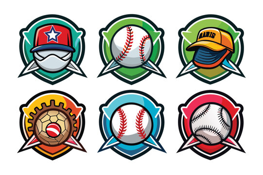 Set of Colorful Baseball Logos with Caps, Stars, and Gear