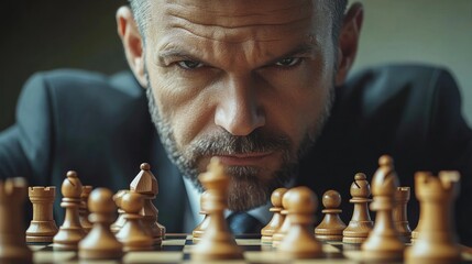 Focused shot of a businessman on a chessboard, highlighting strategic thinking and decision-making. The image captures the intricate details of the chess pieces and the businessman poised stance,