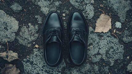 Shoes of black on earth toned surface
