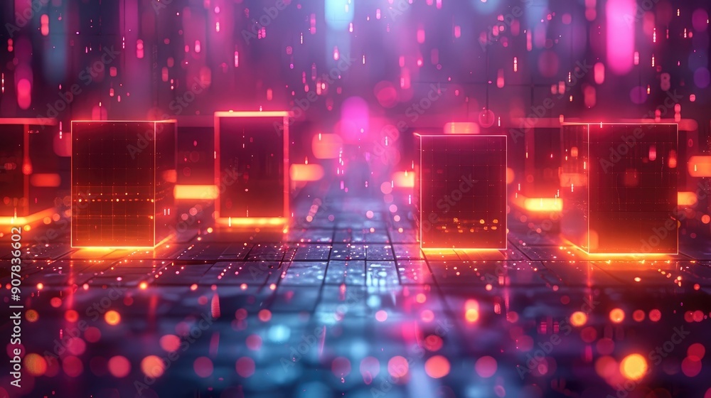 Poster futuristic digital blockchain technology concept with glowing neon blocks and abstract blurred light