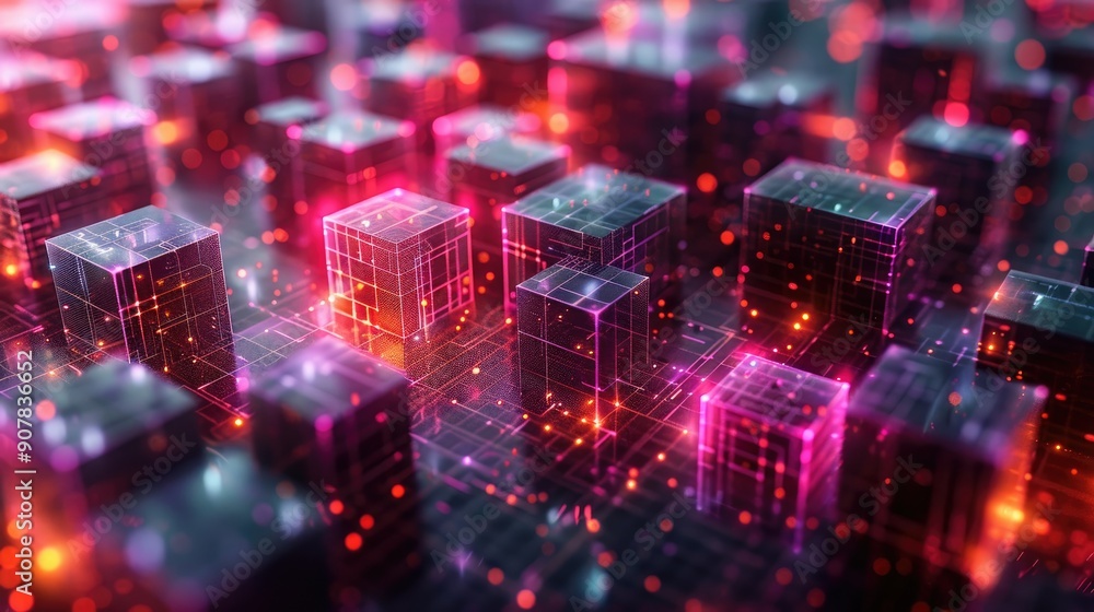 Aufkleber futuristic digital blocks illuminated with pink and red lights, representing data, technology, and i