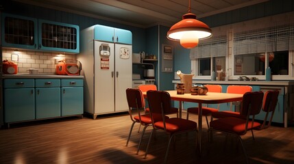 Vintage kitchen interior with retro furniture and appliances.