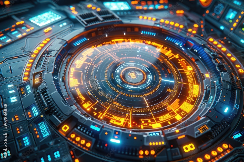 Poster futuristic digital interface with vibrant lights and intricate design, showcasing advanced technolog