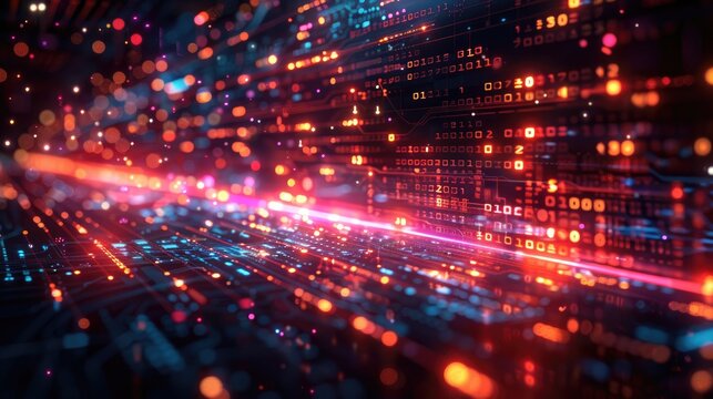 Futuristic digital data visualization, abstract binary code and high-tech background in vibrant colors showcasing modern technology.