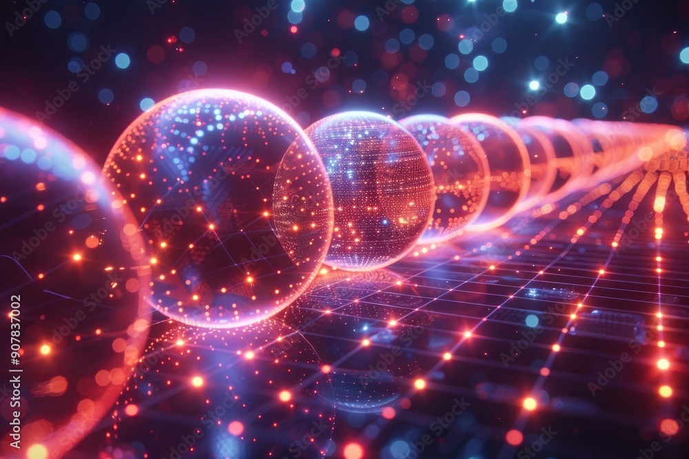 Poster futuristic glowing spheres on a grid with vibrant lights and digital patterns, conveying advanced te