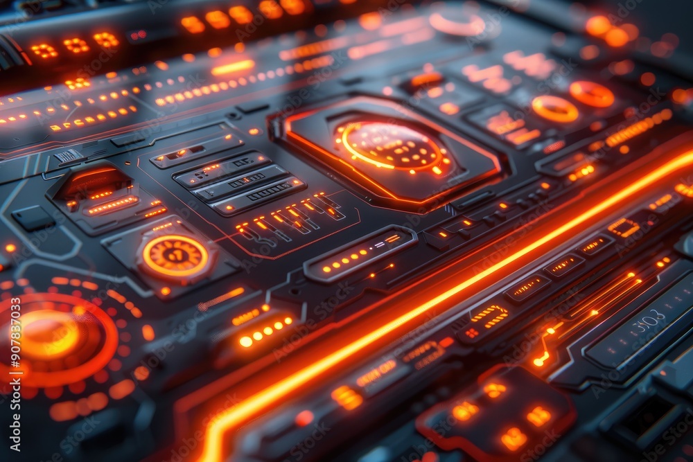 Poster futuristic hud interface with glowing holographic displays and high-tech elements in vibrant orange 
