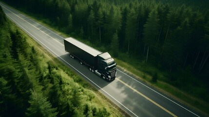 Aerial perspective of vehicles moving on a highway amidst green trees.