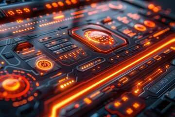 Obraz premium Futuristic HUD interface with glowing holographic displays and high-tech elements in vibrant orange and black colors.