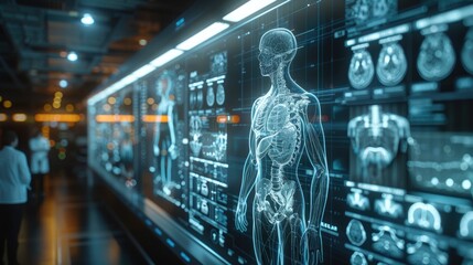 Futuristic medical technology concept with digital human anatomy on display screen in advanced healthcare facility.