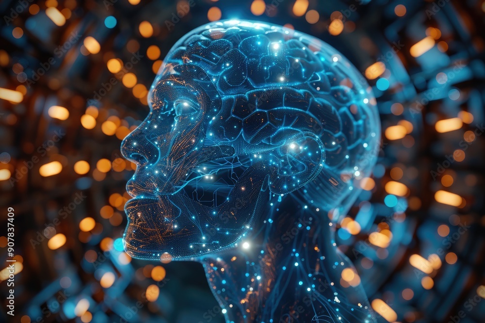 Poster futuristic representation of artificial intelligence with a digital human brain interconnected with 