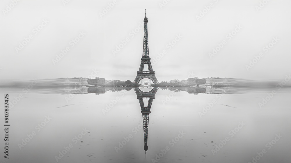 Poster the eiffel tower reflected in the still waters of the seine river, its image mirrored perfectly on a