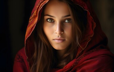 Mysterious woman in a red cloak with a dark, forest background.