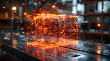 Obraz premium Glowing digital cube with orange lights in a high-tech industrial setting. Futuristic technology concept with sparkling particles.
