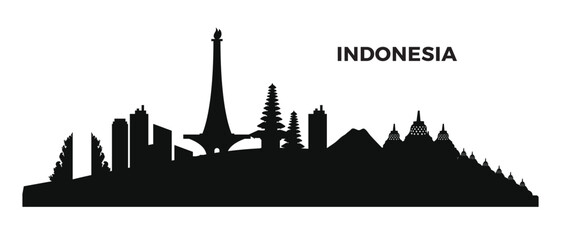 Obraz premium Silhouette of Indonesian City with Buildings, National Monument, and Temple