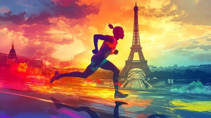 Colorful Paris Olympics Concept: Athlete with Eiffel Tower