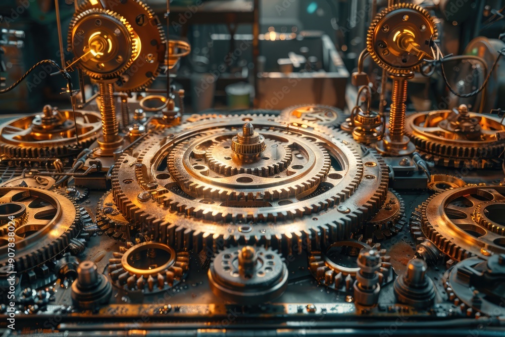 Poster intricate set of mechanical gears displayed in a steampunk setting, showcasing intricate engineering