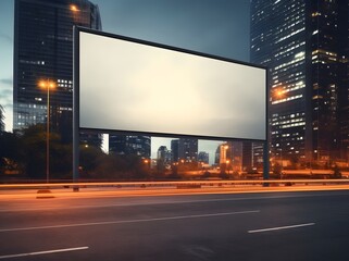 Blank billboard in a cityscape at night with illuminated buildings.