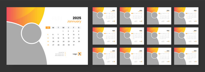 Desk Calendar 2025 template design, Week start on Sunday, Office Calendar 2025.