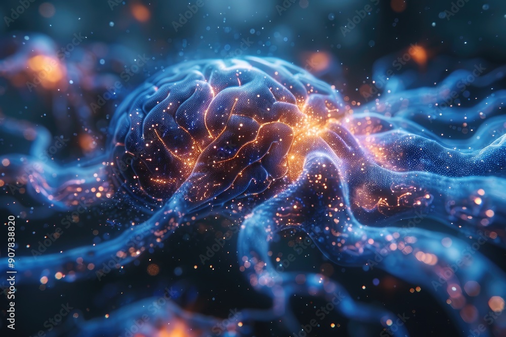 Poster neural network digital art showcasing an intricate network of glowing connections, representing futu