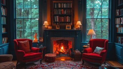 Cozy living room with fireplace and bookshelves. Perfect for showcasing themes of warmth, comfort, and home.