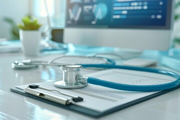 Close up medical paper with stethoscope on table in hospital