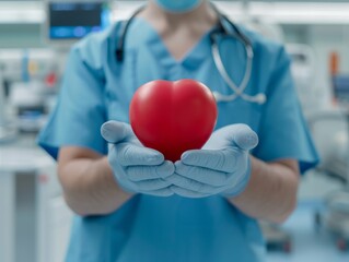 Close up of a doctor's hands holding a red heart-shaped organ at a hospital