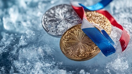 Shining Olympic Medals on Ice with Blue, White, Red Ribbon
