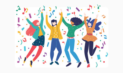 Four diverse individuals dancing enthusiastically, surrounded colorful confetti musical notes, wearing casual vibrant clothing, isolated white background. Mixed ethnicity group celebrating, feeling