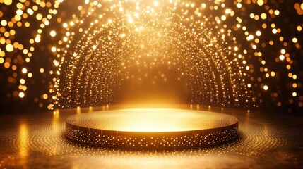 Stunning gold podium with a background of glowing dots arranged in a circle, emphasizing elegance and sophistication