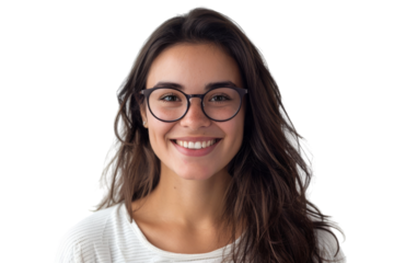 Young woman with brown eyes wearing glasses and smiling Isolated on white background