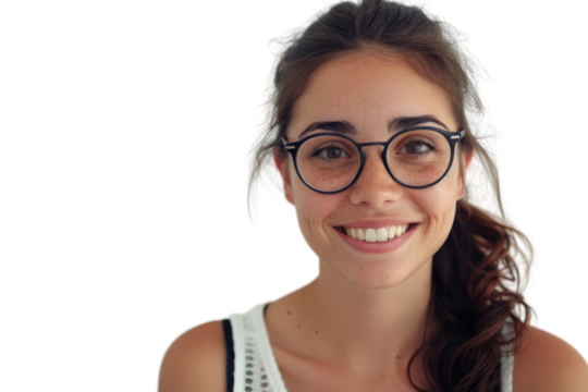 Young woman with brown eyes wearing glasses and smiling Isolated on white background