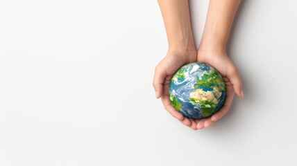 A pair of hands gently cradles a miniature Earth, symbolizing care for the planet and environmental awareness.