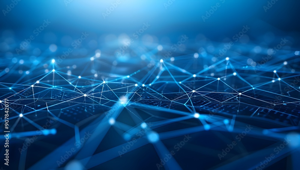 Poster abstract technology background with digital connections and polygonal network lines on a blue gradie