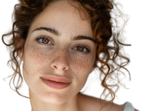 Young woman with brown eyes and curly hair looking confident Isolated on white background