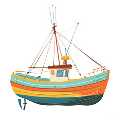 Fishing boat side view, bright colorful hull, ropes, anchored isolated white background vector illustration. Charming vintage textured graphics, bold lines, artistic design. Ideal maritime themes