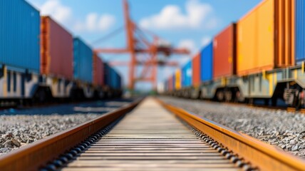 Obraz premium A vibrant view of cargo containers lined up along a railway track, showcasing transportation and logistics in a dynamic setting.