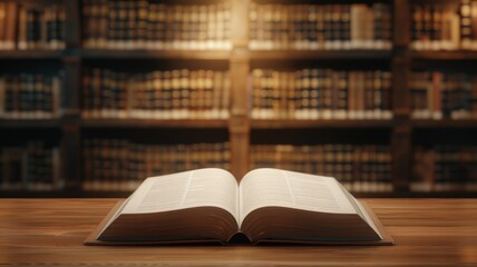 Obraz premium An open book resting on a wooden table in a warm library, illuminated by soft light, surrounded by rows of aged books.