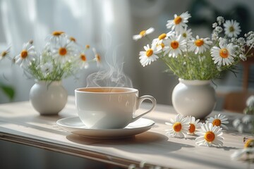 A steaming cup of tea on a wooden table surrounded by blooming daisies in white vases, creating a serene and cozy atmosphere indoors.