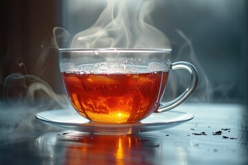 A steaming hot cup of tea in a clear glass mug on a saucer, emitting aromatic steam, set against a blurred background, offering a warm, soothing beverage experience.