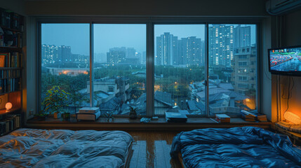 bedroom in a high rise apartment with rain in the background