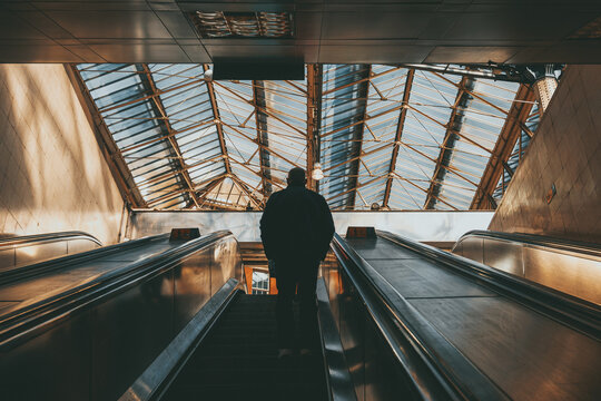 A person exits the London Underground at Waterloo station in London, England